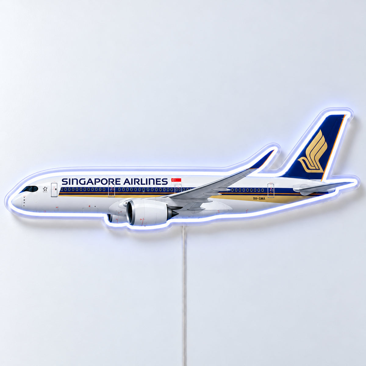 Airbus A350-900 Singapore Airlines Neon Sign with printed aircraft details and an illuminated LED outline on clear acrylic, shown from the front on a white surface, registration 9V-SMA