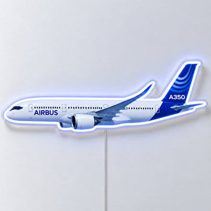 Airbus A350 Neon Sign with printed aircraft details and an illuminated LED outline on clear acrylic, shown from the front on a white surface