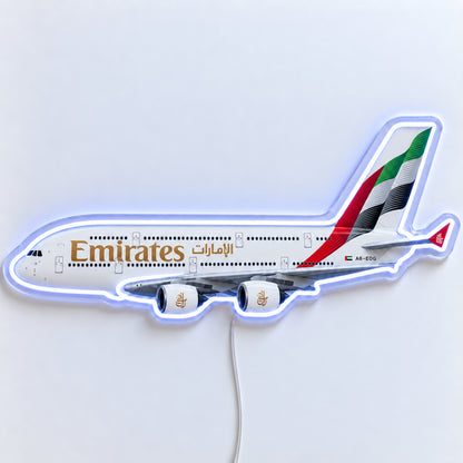 Airbus A380 Emirates Neon Sign with printed aircraft details and an illuminated LED outline on clear acrylic, shown from the front on a white surface, registration A6-EOG
