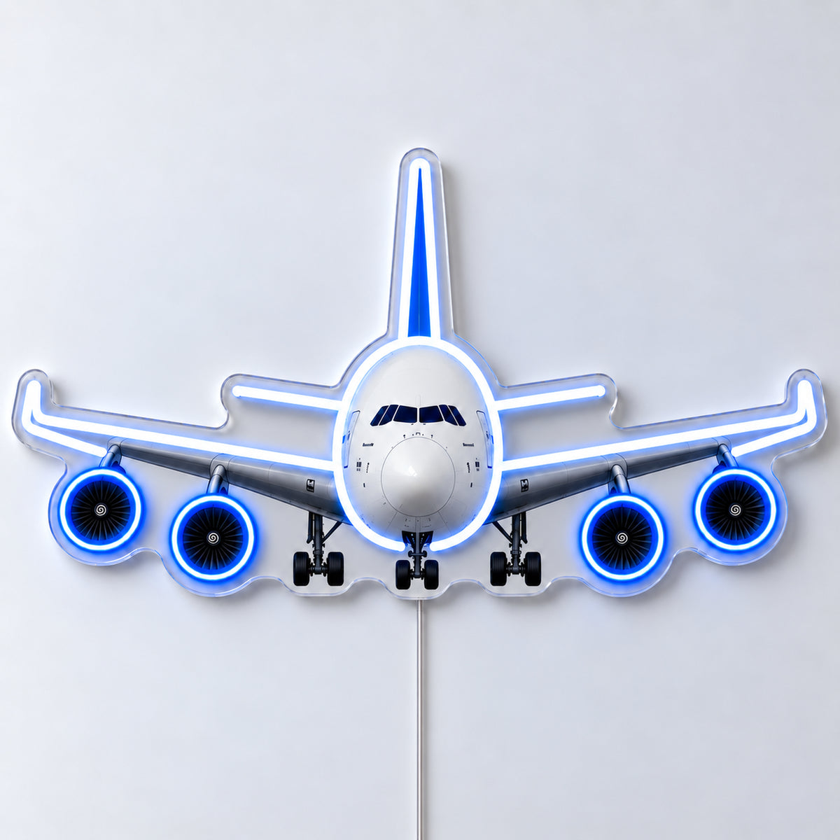 Airbus A380 Front View Neon Sign with printed aircraft details and an illuminated LED outline on clear acrylic, shown from the front on a white surface