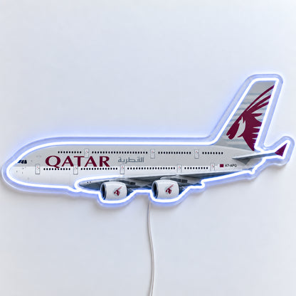 Airbus A380 Qatar Airways Neon Sign with printed aircraft details and an illuminated LED outline on clear acrylic, shown from the front on a white surface, registration A7-APG
