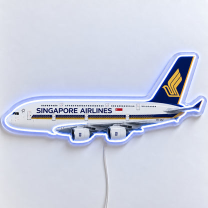 Airbus A380 Singapore Airlines Neon Sign with printed aircraft details and an illuminated LED outline on clear acrylic, shown from the front on a white surface, registration 9V-SKZ