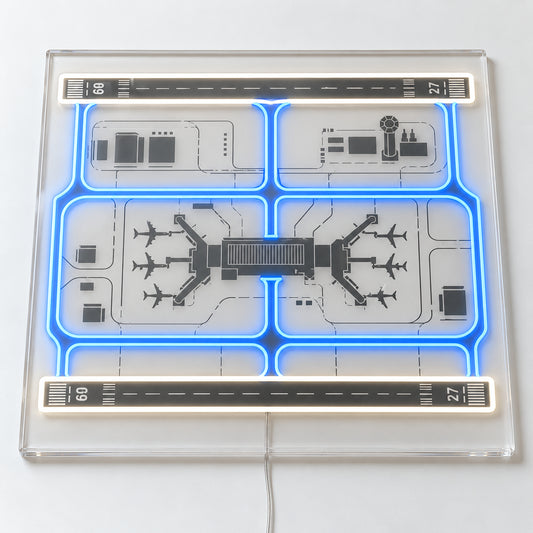 Airport Layout Neon Sign, featuring a stylised airport layout, on a single clear acrylic backing displayed on a white surface.