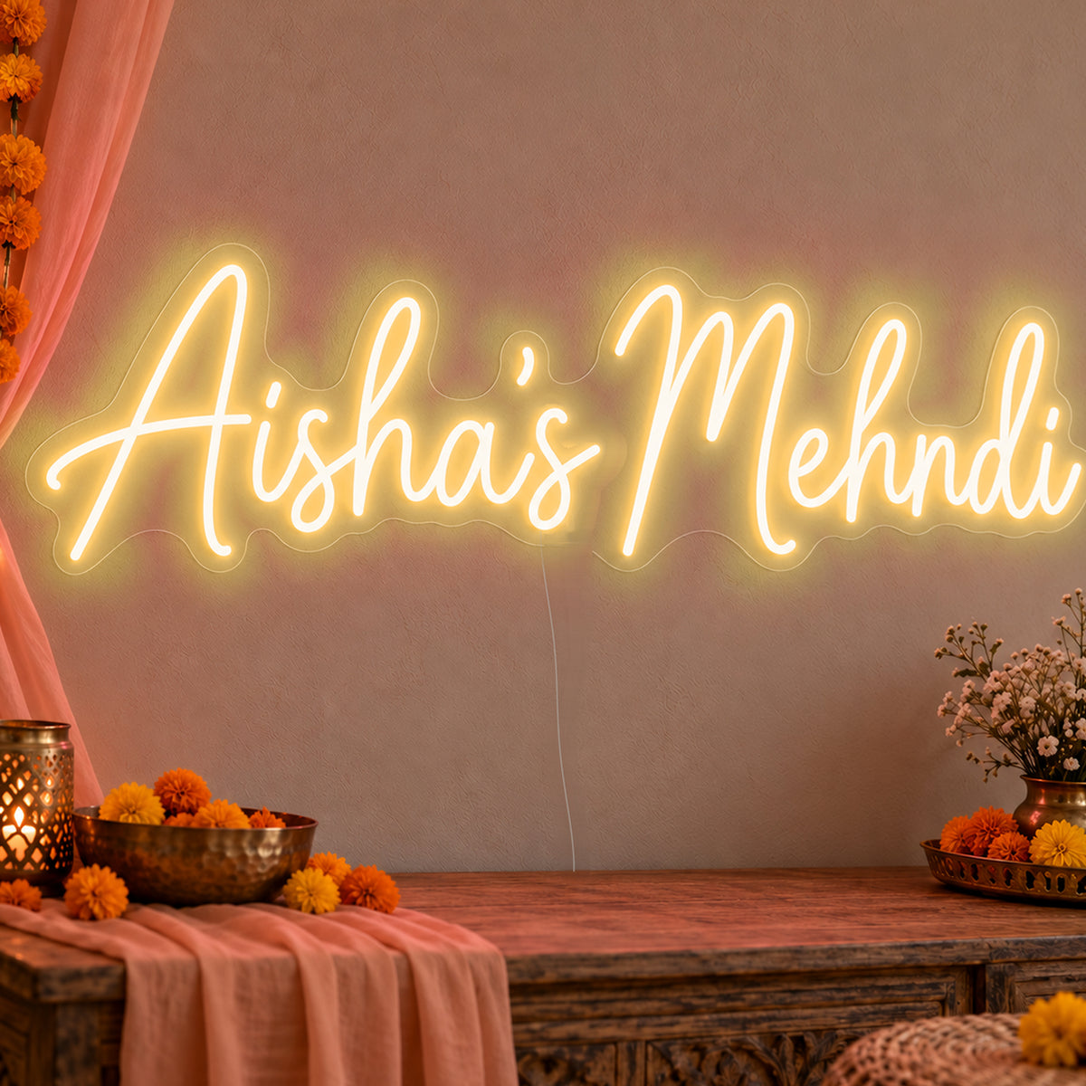 Personalised Mehndi Neon Sign in gold LED neon on clear acrylic, angled view