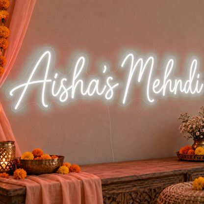 Personalised Mehndi Neon Sign in white LED neon on clear acrylic, angled view