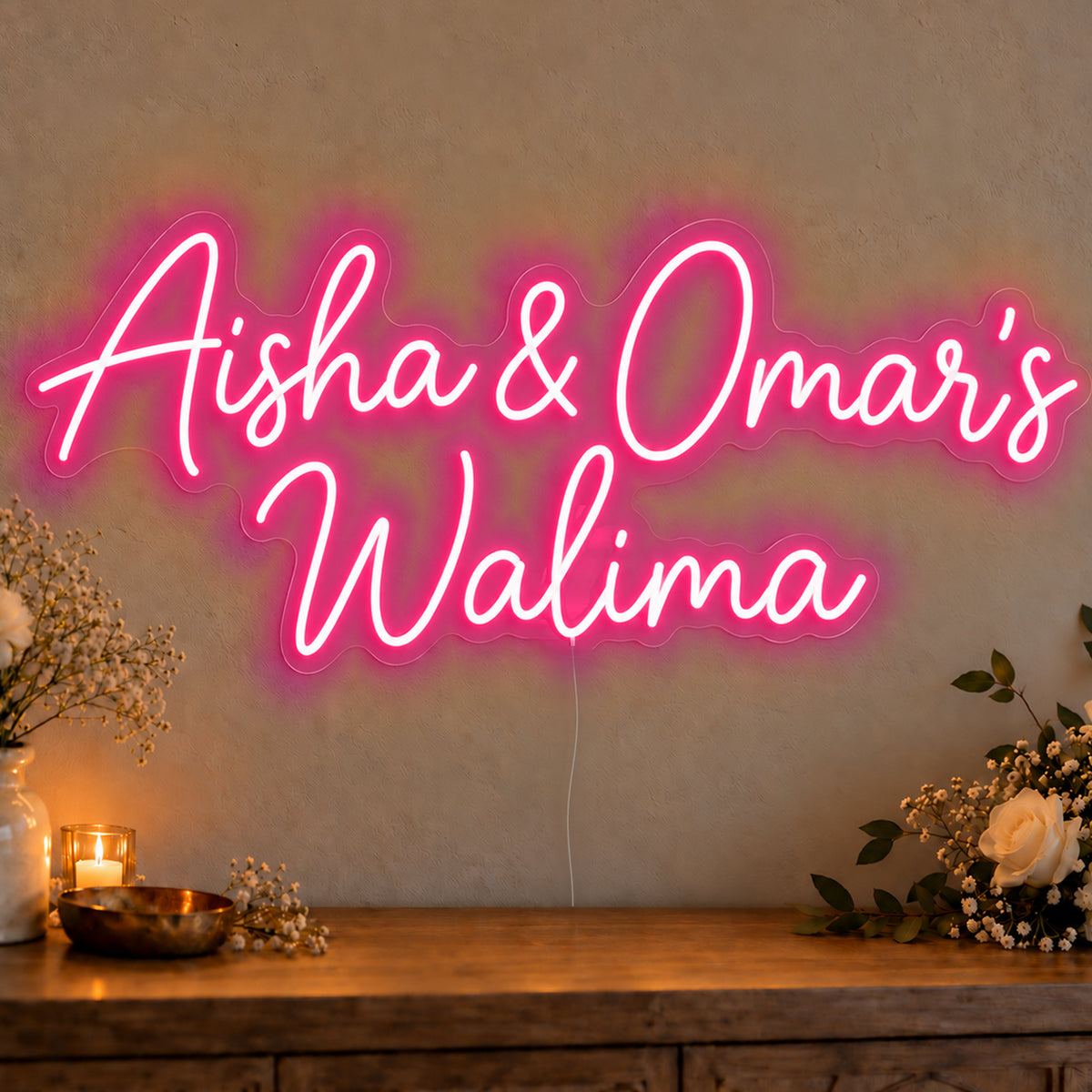 Personalised Walima Neon Sign in rose red LED neon on clear acrylic, angled view