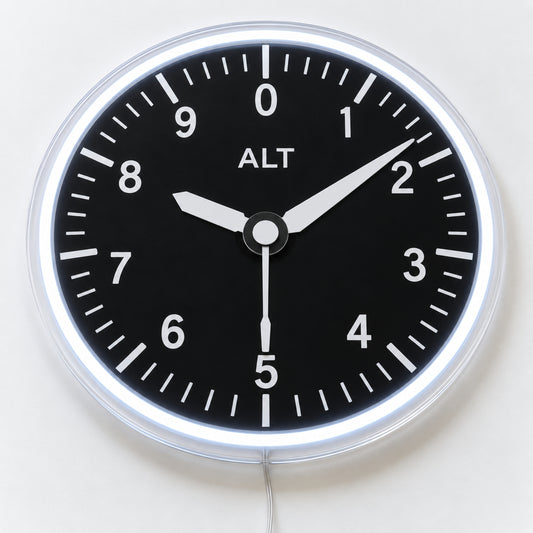 Altimeter Neon Sign, featuring an aviation altimeter dial, on a single clear acrylic backing displayed on a white surface.
