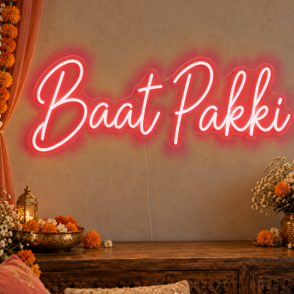 Baat Pakki Neon Sign in red LED neon on clear acrylic, angled view