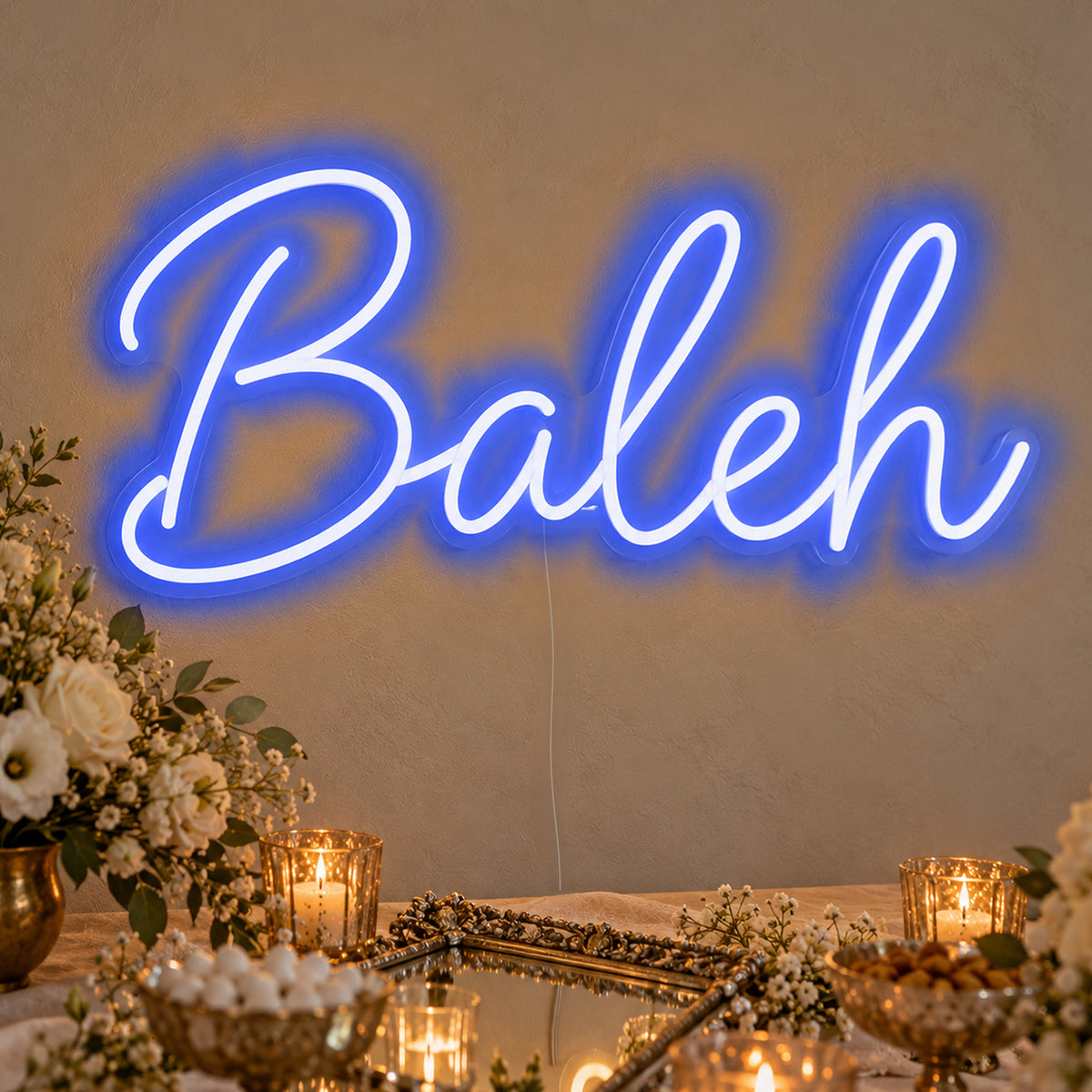 Baleh Neon Sign in blue LED neon on clear acrylic, angled view
