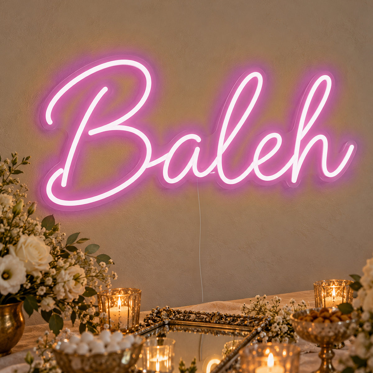 Baleh Neon Sign in pink LED neon on clear acrylic, angled view