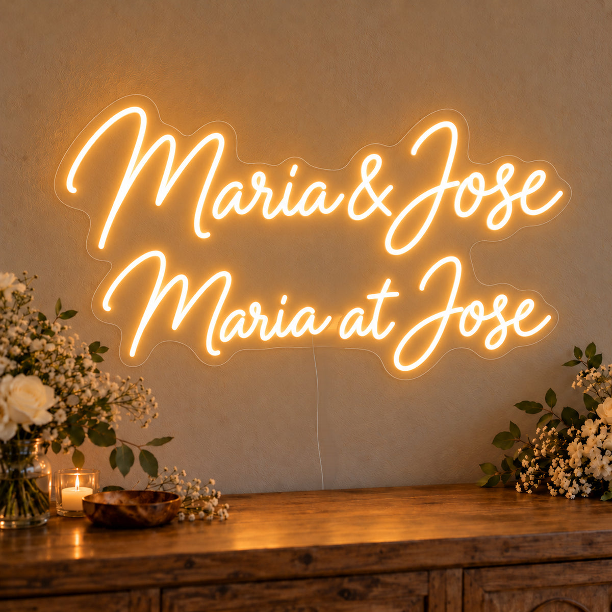 Personalised Bilingual Filipino Names Neon Sign on clear cut-to-shape acrylic in an illuminated wall display; example personalisation shown.