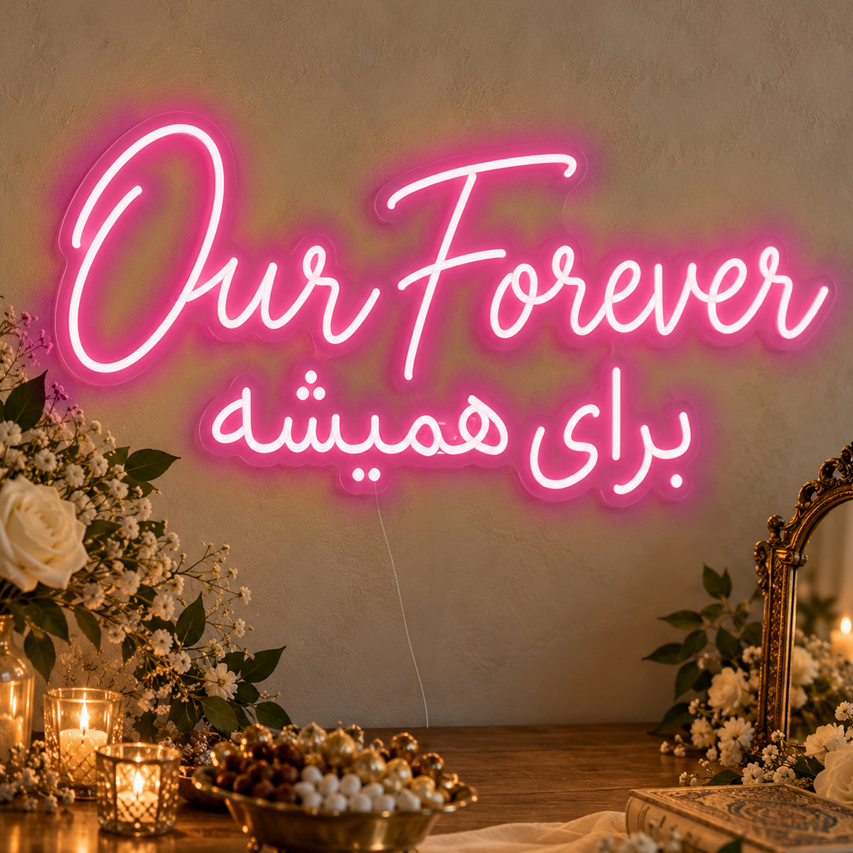 Our Forever English & Persian Neon Sign in rose red LED neon on clear acrylic, angled view