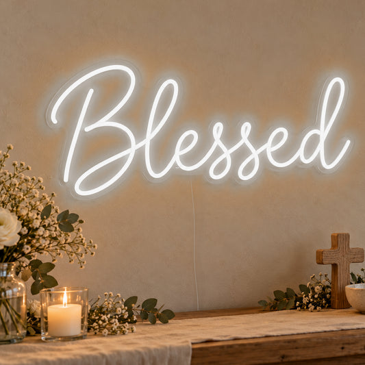 Blessed Neon Sign in white LED neon on clear acrylic, angled view
