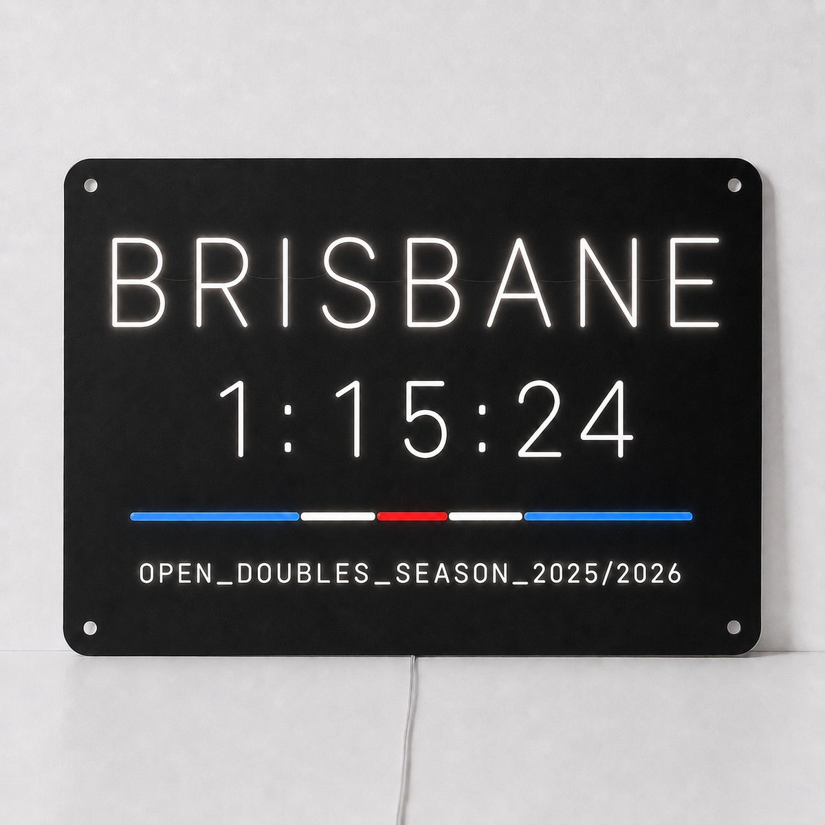 Custom hybrid race finish time LED neon sign shown with Brisbane, a personalised finish time and a division and season line in white neon on black acrylic