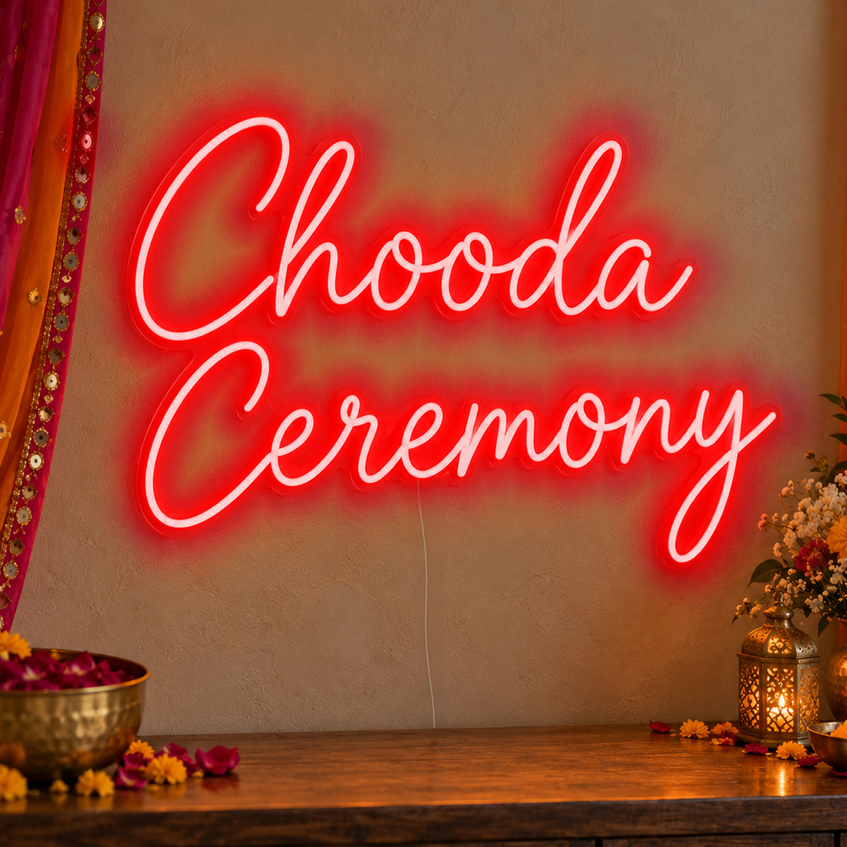 Chooda Ceremony Neon Sign in red LED neon on clear acrylic, angled view