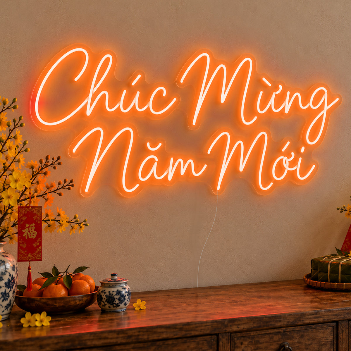 Chúc Mừng Năm Mới Neon Sign in orange LED neon on clear acrylic, angled view