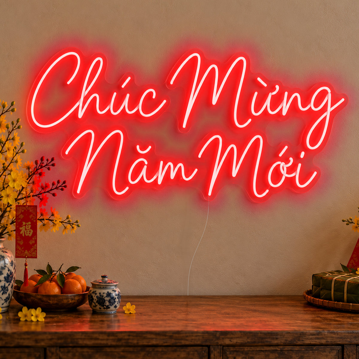 Chúc Mừng Năm Mới Neon Sign in red LED neon on clear acrylic, angled view
