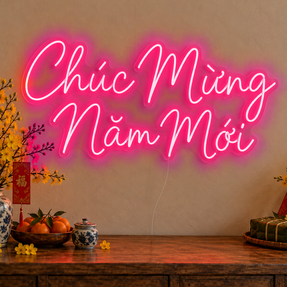 Chúc Mừng Năm Mới Neon Sign in rose red LED neon on clear acrylic, angled view