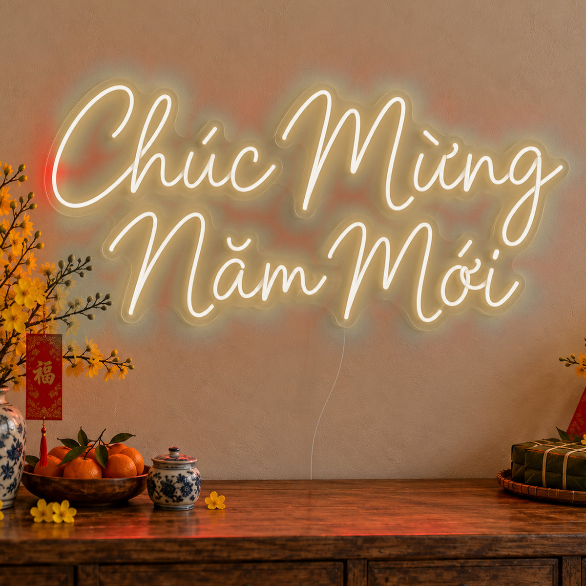 Chúc Mừng Năm Mới Neon Sign in warm white LED neon on clear acrylic, angled view