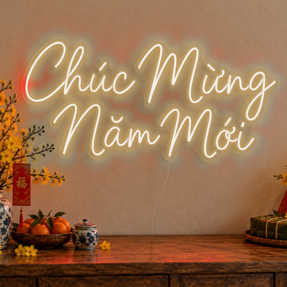 Chúc Mừng Năm Mới Neon Sign in warm white LED neon on clear acrylic, angled view