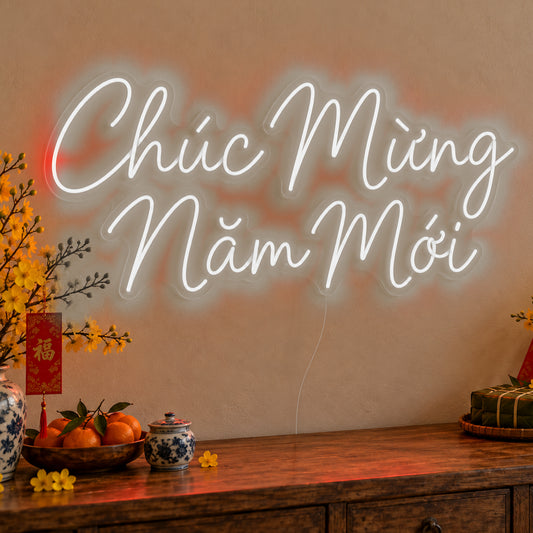 Chúc Mừng Năm Mới Neon Sign in white LED neon on clear acrylic, angled view