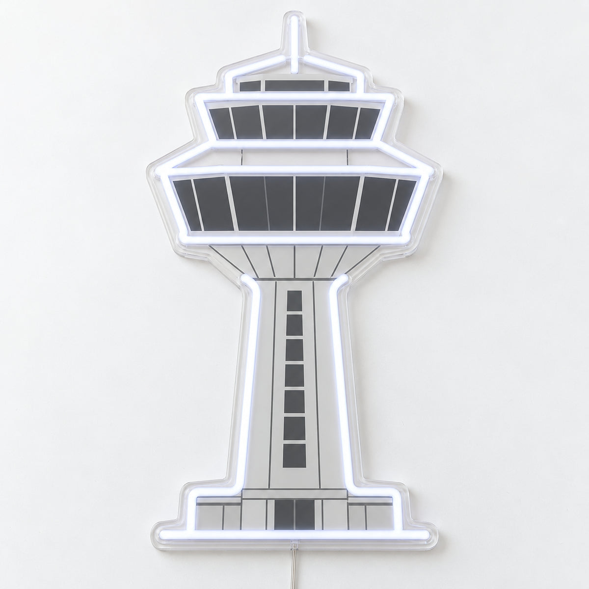 Control Tower Neon Sign, featuring an airport control tower, on a single clear acrylic backing displayed on a white surface.