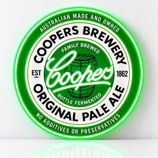 Coopers Brewery LED Neon Sign on white surface