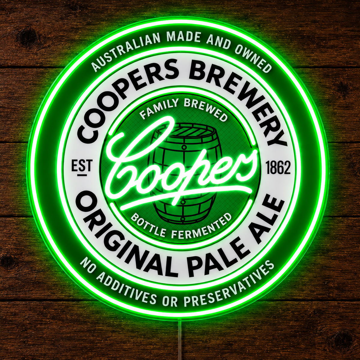 Coopers Brewery LED Neon Sign on wooden surface