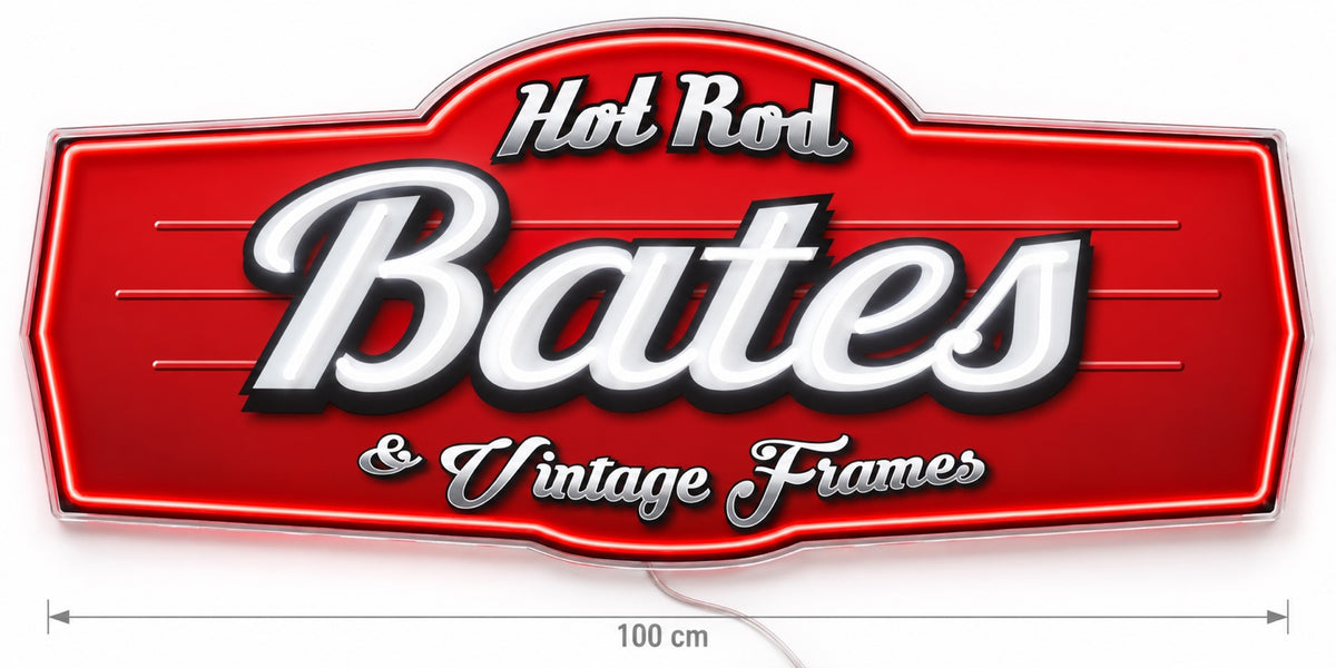 Custom Bates Hot Rod and Vintage Frames neon sign with red border, white neon lettering and 100 cm width