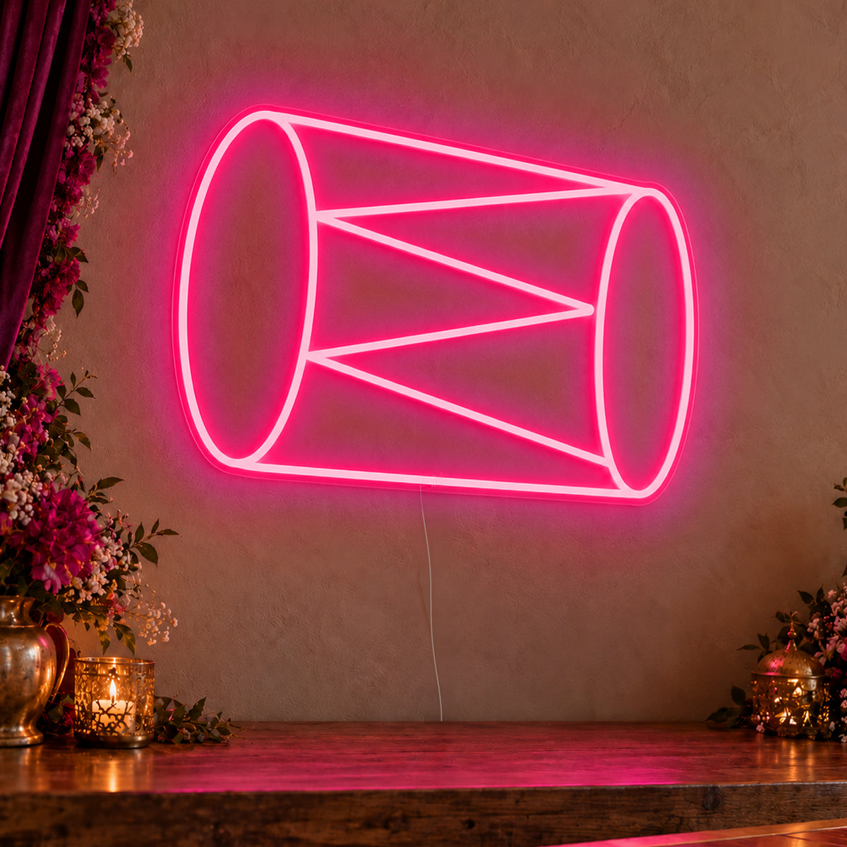 Dhol Drum Neon Sign in rose red LED neon on clear acrylic, angled view