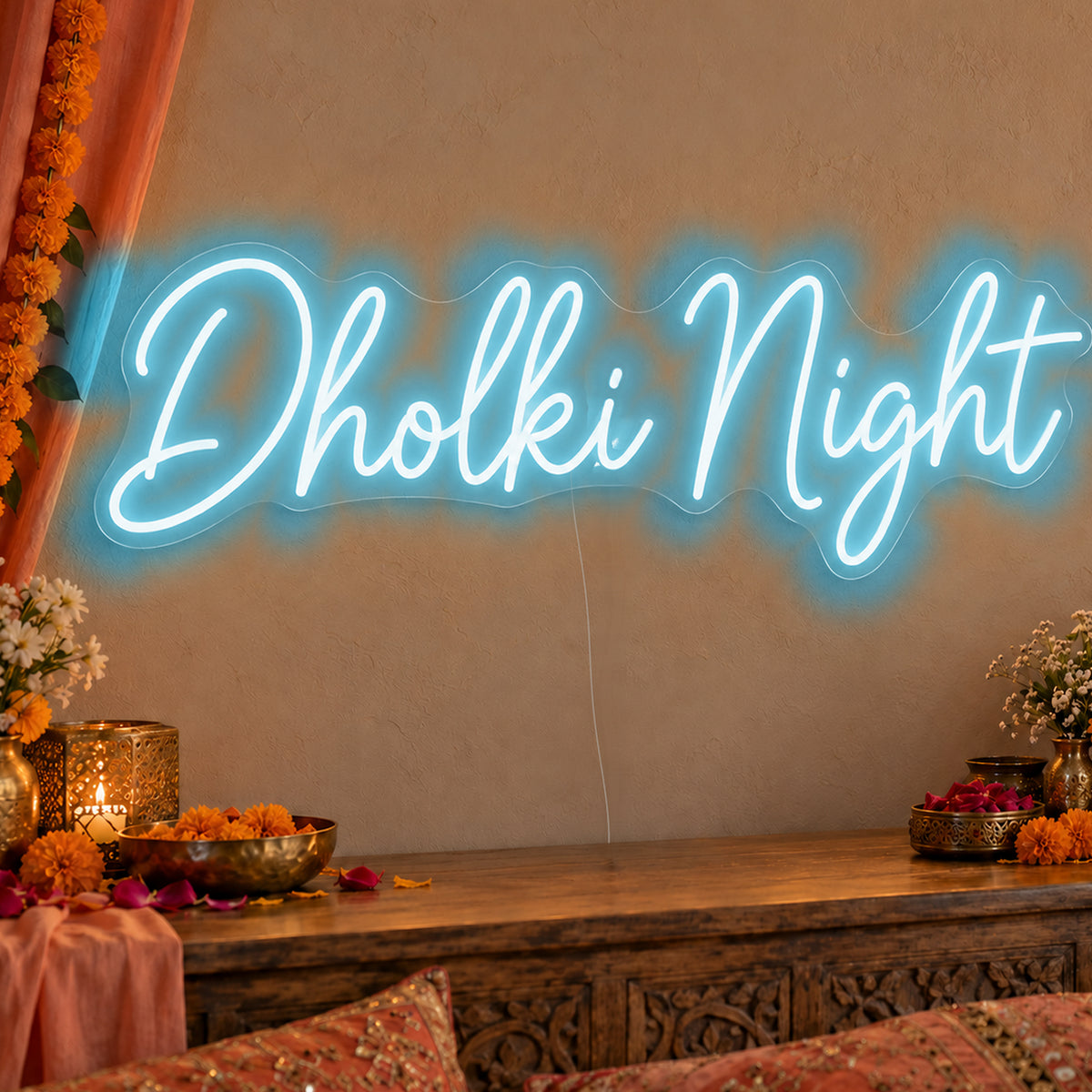Dholki Night Neon Sign in ice blue LED neon on clear acrylic, angled view