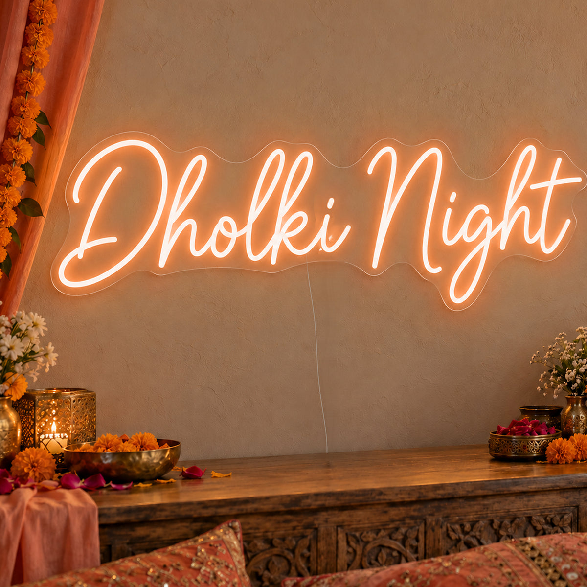 Dholki Night Neon Sign in orange LED neon on clear acrylic, angled view
