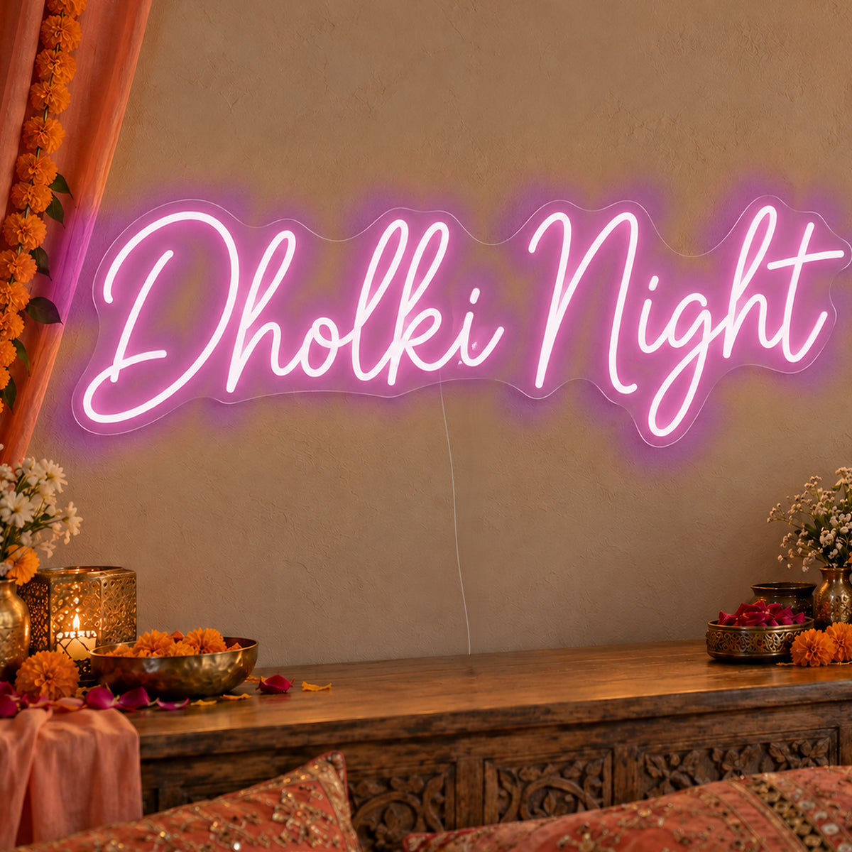 Dholki Night Neon Sign in pink LED neon on clear acrylic, angled view
