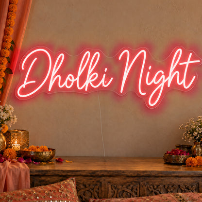 Dholki Night Neon Sign in red LED neon on clear acrylic, angled view