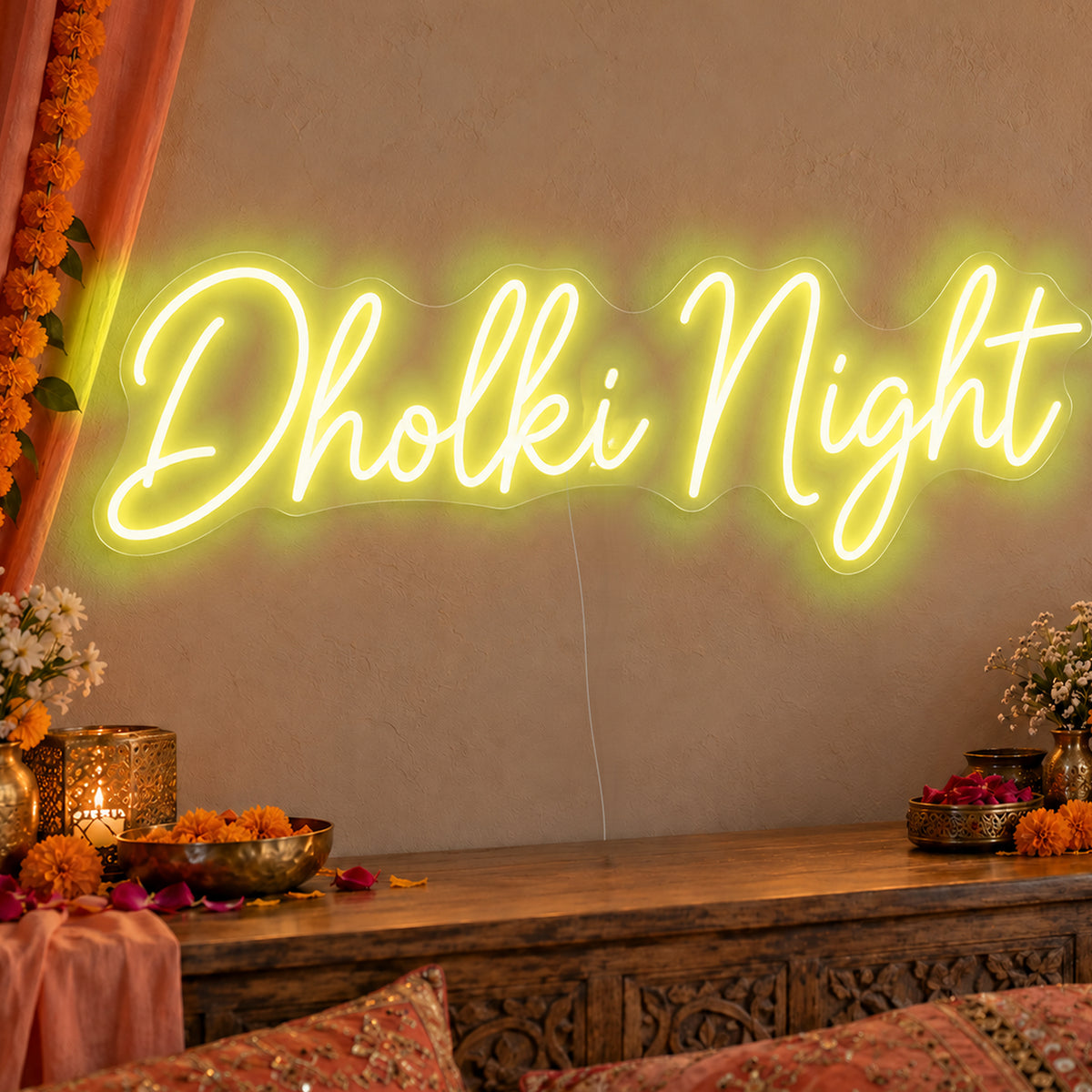 Dholki Night Neon Sign in yellow LED neon on clear acrylic, angled view