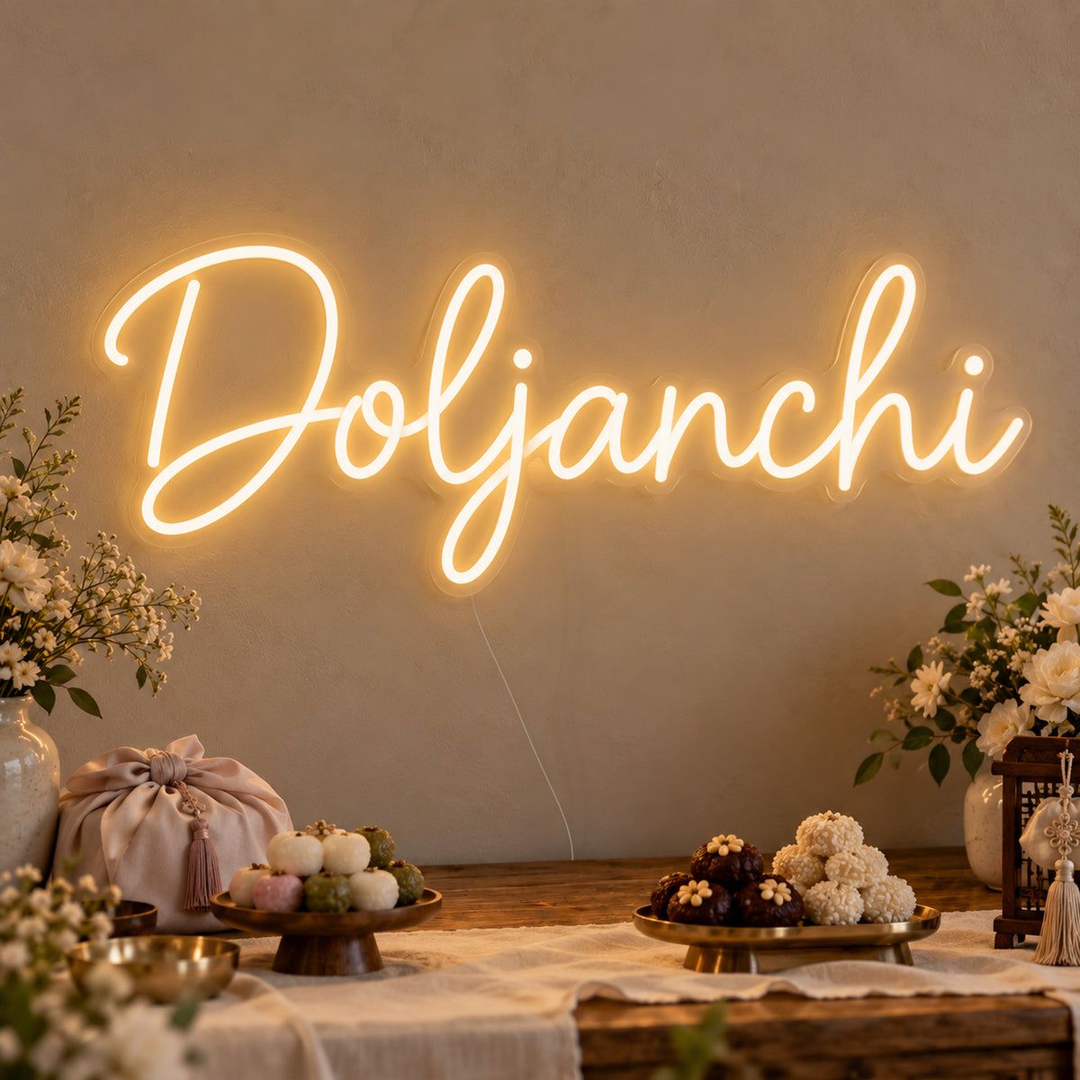 Doljanchi Neon Sign on clear cut-to-shape acrylic, illuminated on a wall in a styled celebration setting