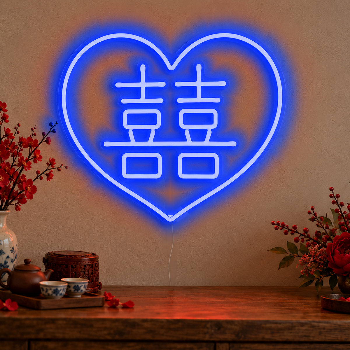 Double Happiness Heart Neon Sign in blue LED neon on clear acrylic, angled view