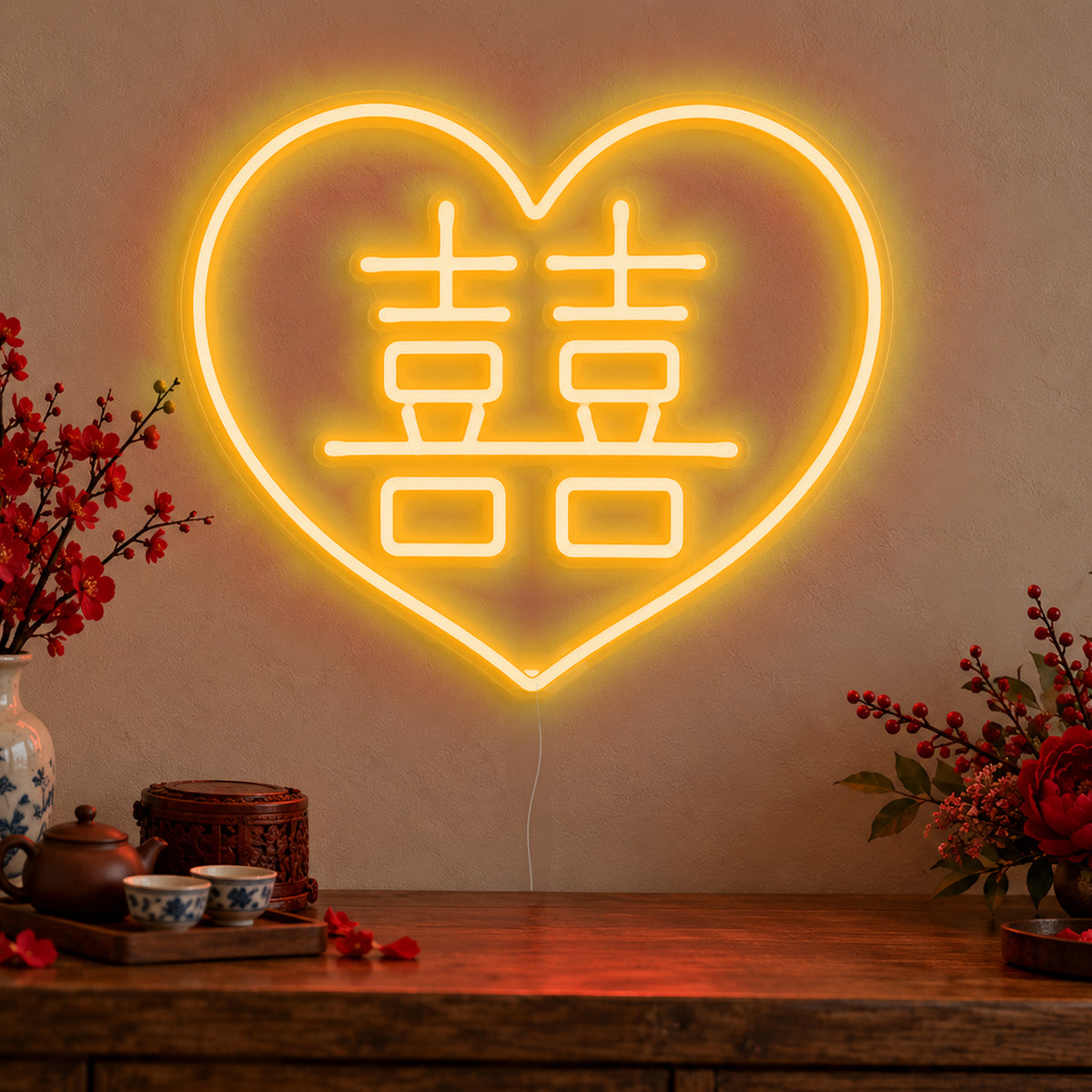 Double Happiness Heart Neon Sign in gold LED neon on clear acrylic, angled view