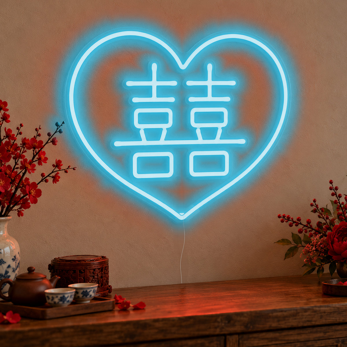 Double Happiness Heart Neon Sign in ice blue LED neon on clear acrylic, angled view