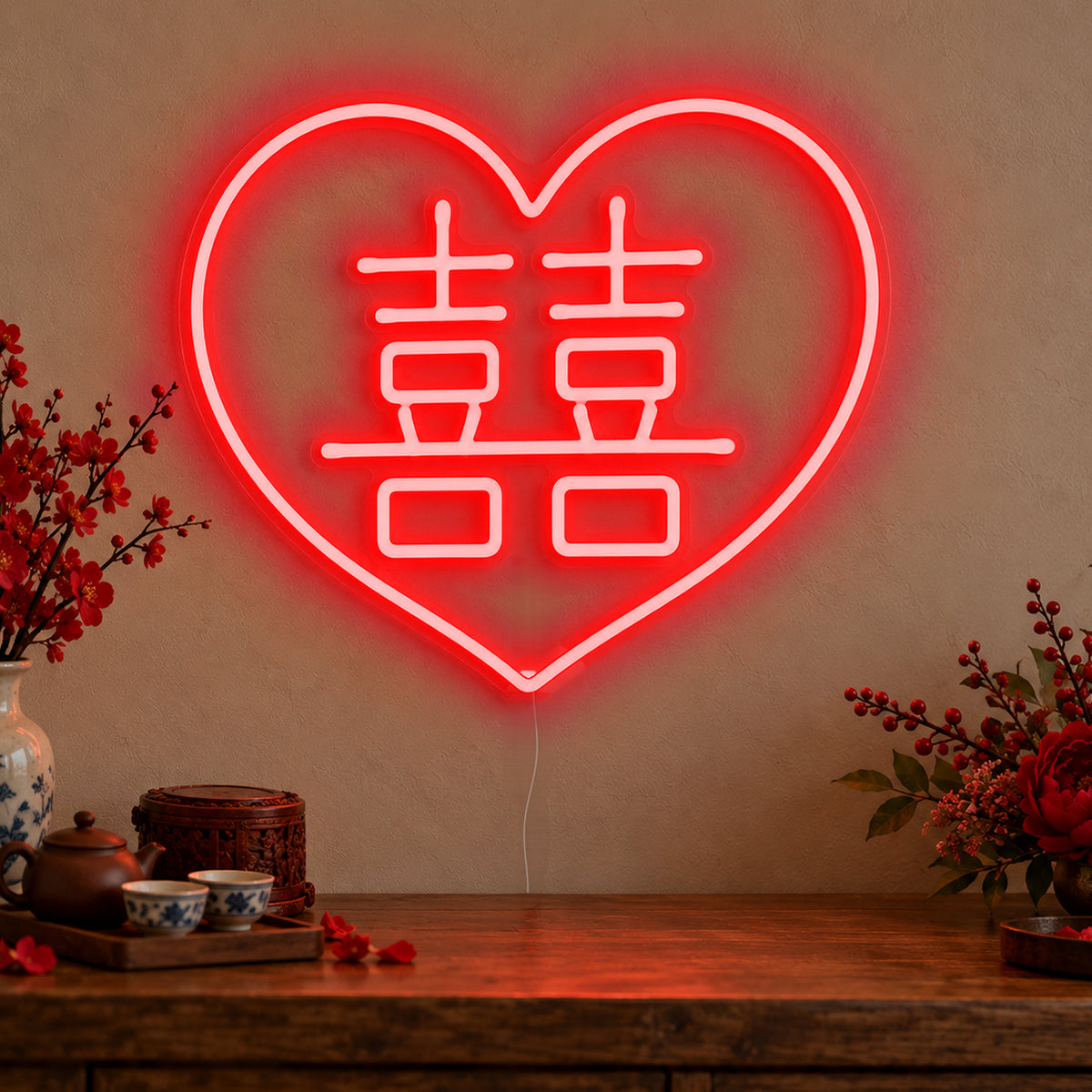 Double Happiness Heart Neon Sign in red LED neon on clear acrylic, angled view