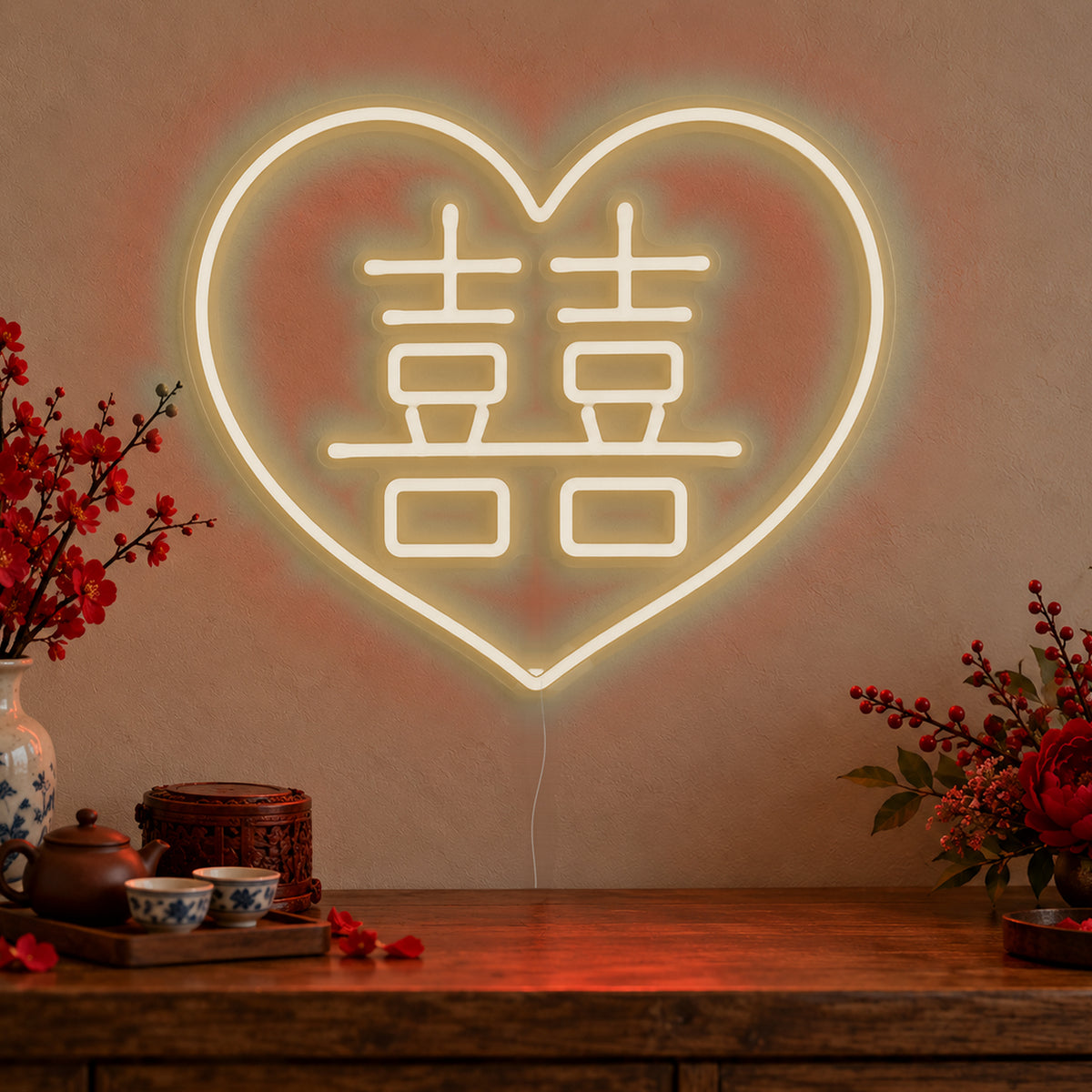 Double Happiness Heart Neon Sign in warm white LED neon on clear acrylic, angled view