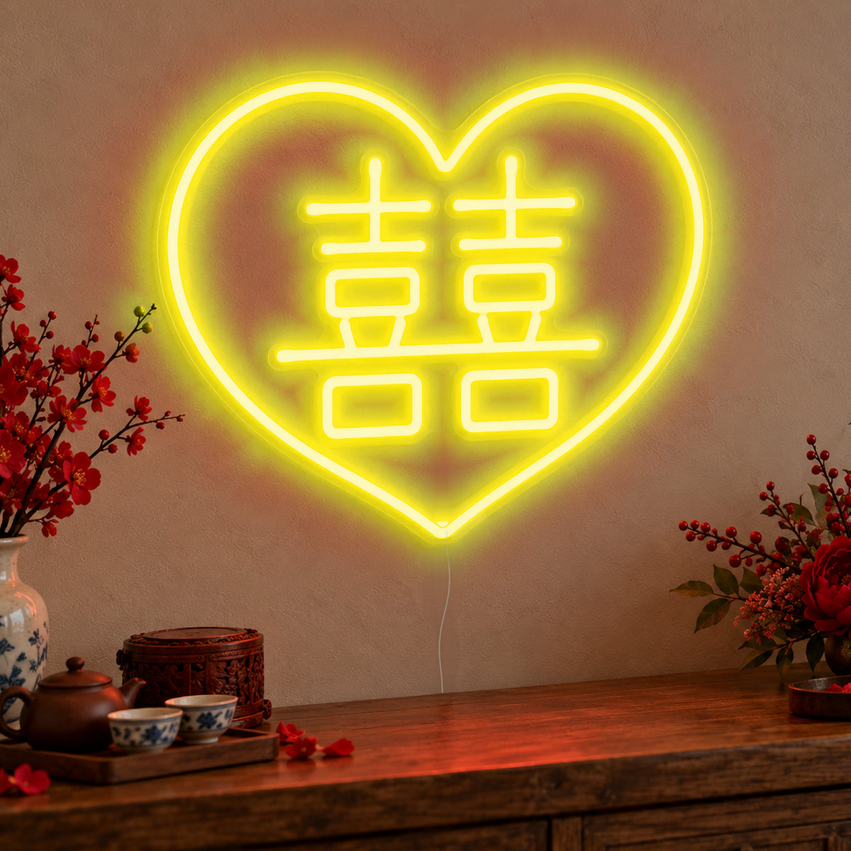 Double Happiness Heart Neon Sign in yellow LED neon on clear acrylic, angled view