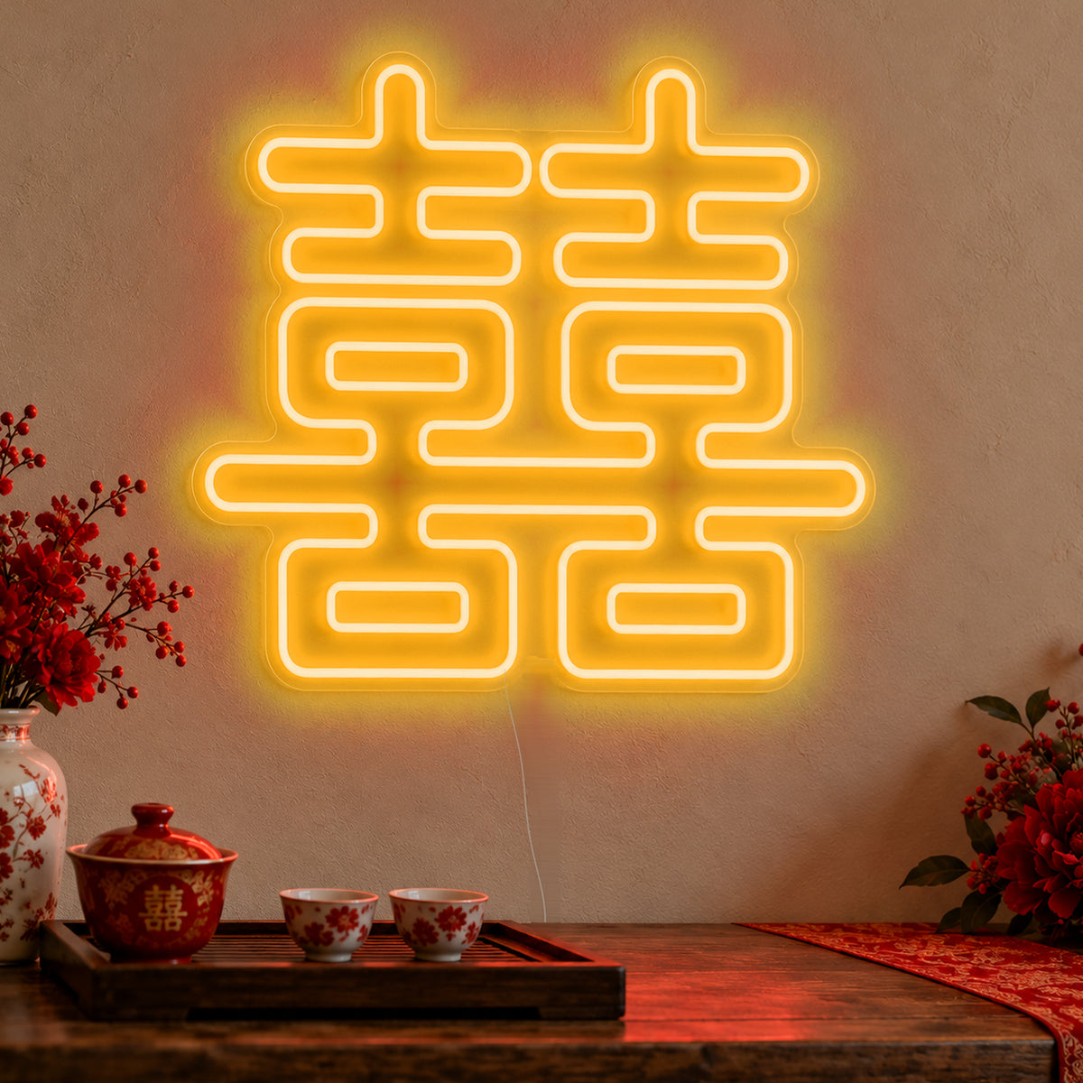 Double Happiness Red Neon Sign in gold LED neon on clear acrylic, angled view