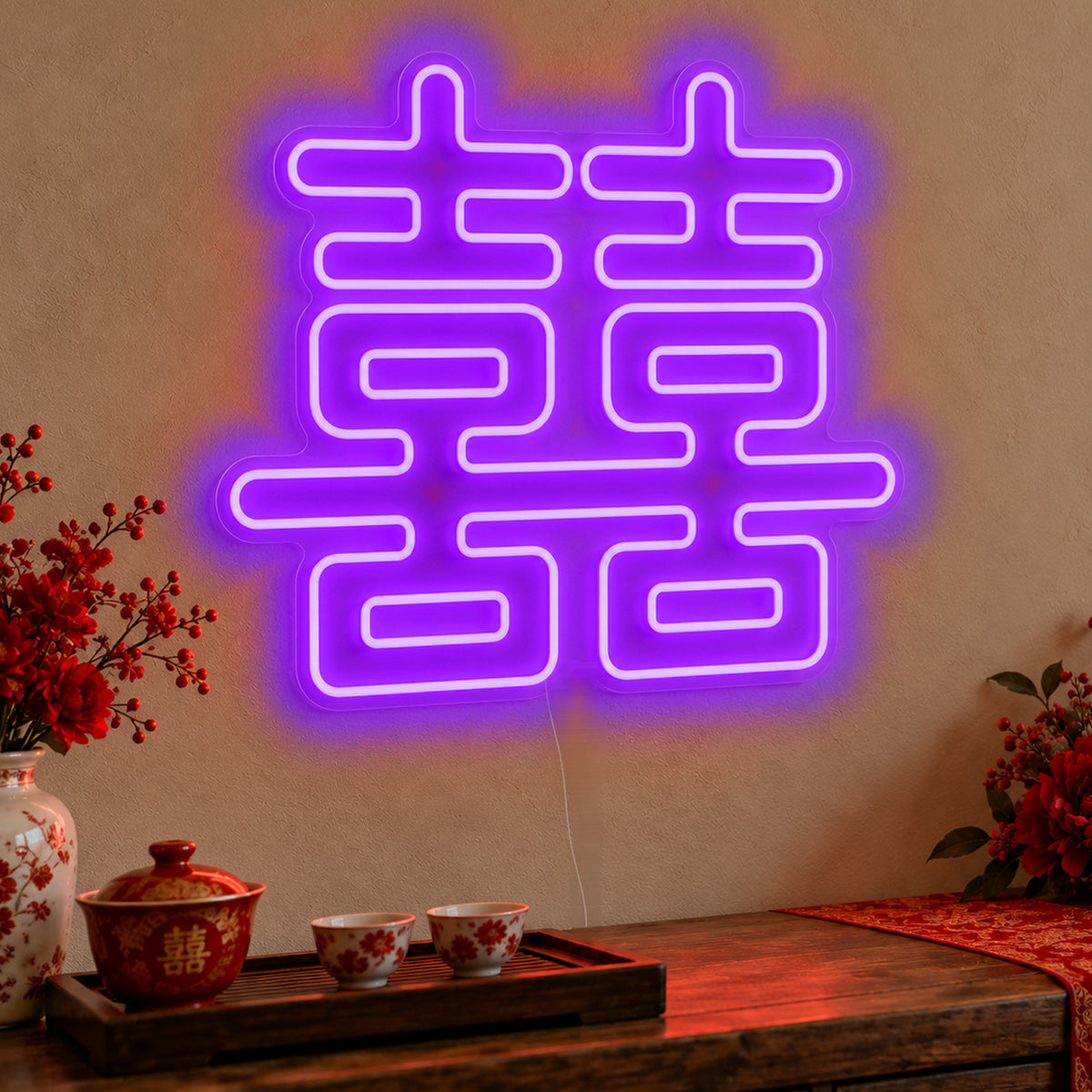 Double Happiness Red Neon Sign in purple LED neon on clear acrylic, angled view