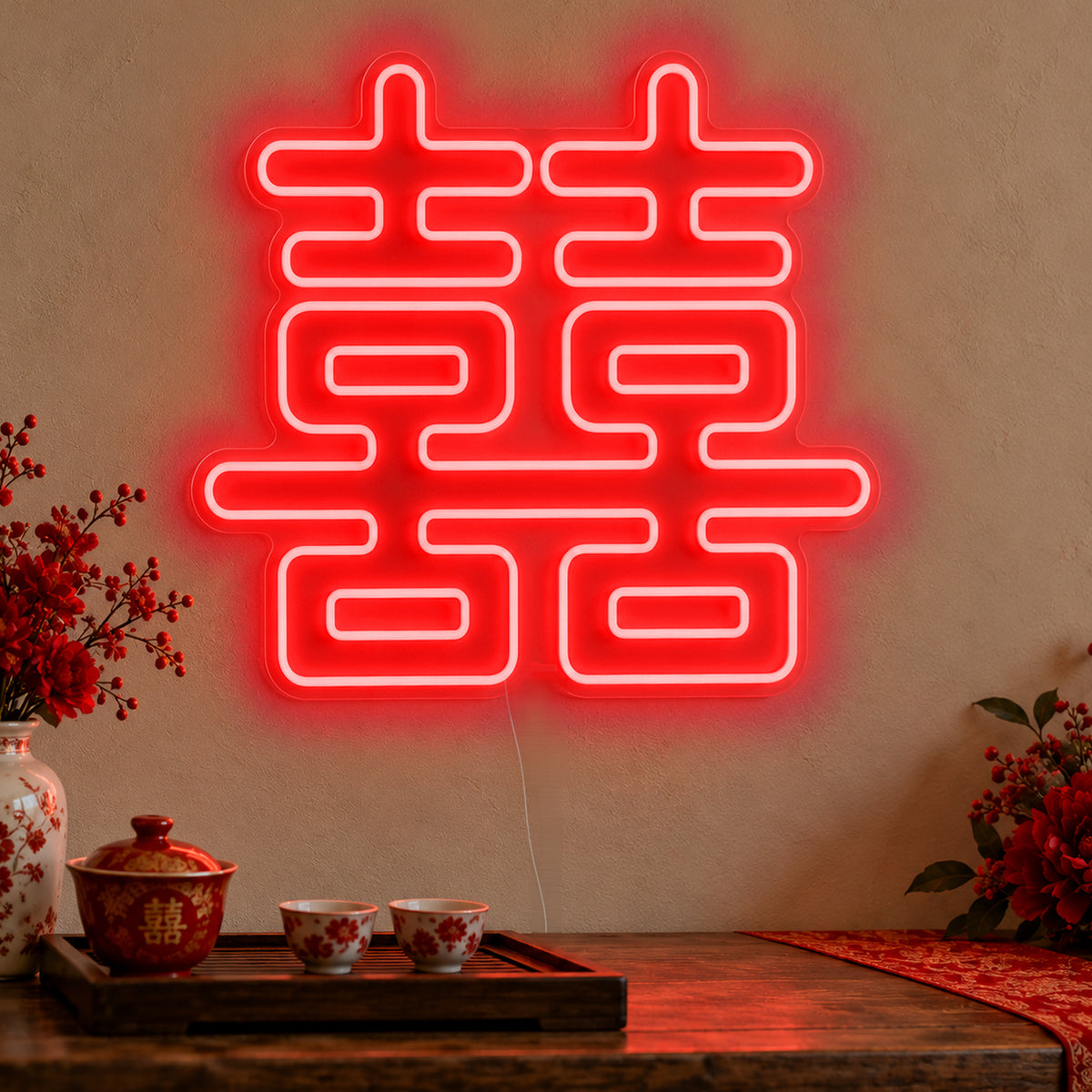 Double Happiness Red Neon Sign in red LED neon on clear acrylic, angled view