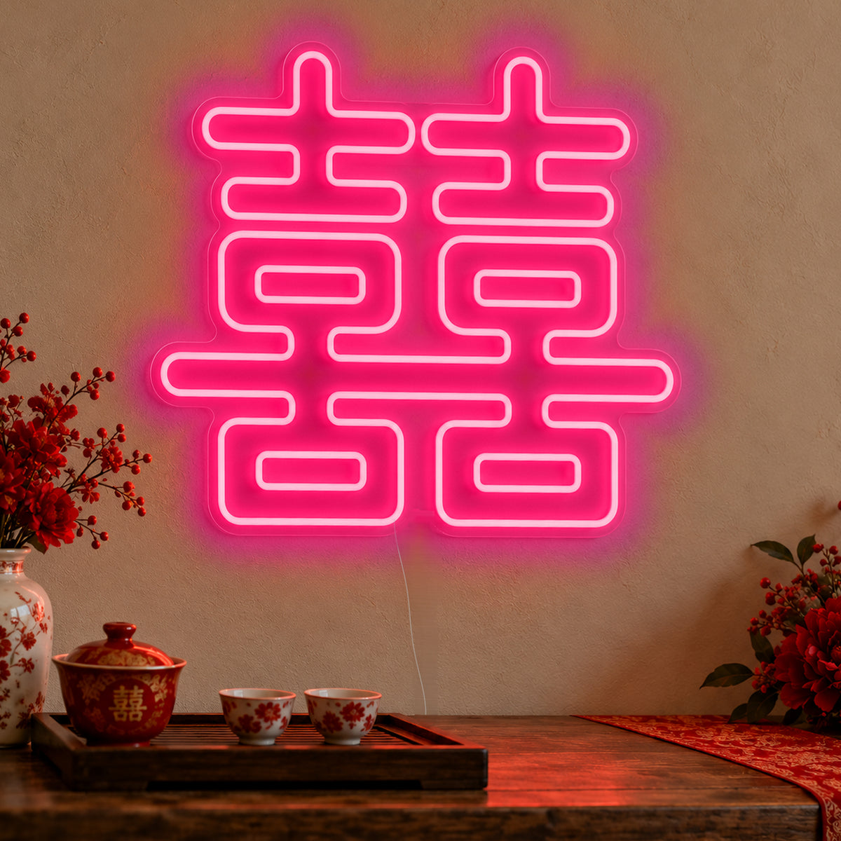 Double Happiness Red Neon Sign in rose red LED neon on clear acrylic, angled view