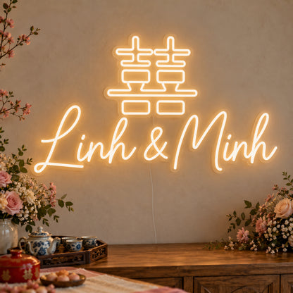 Personalised Double Happiness Vietnamese Names Neon Sign on clear cut-to-shape acrylic in an illuminated wall display; example personalisation shown.