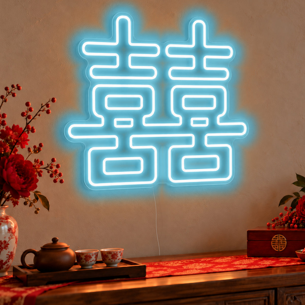 Double Happiness Warm White Neon Sign in ice blue LED neon on clear acrylic, angled view
