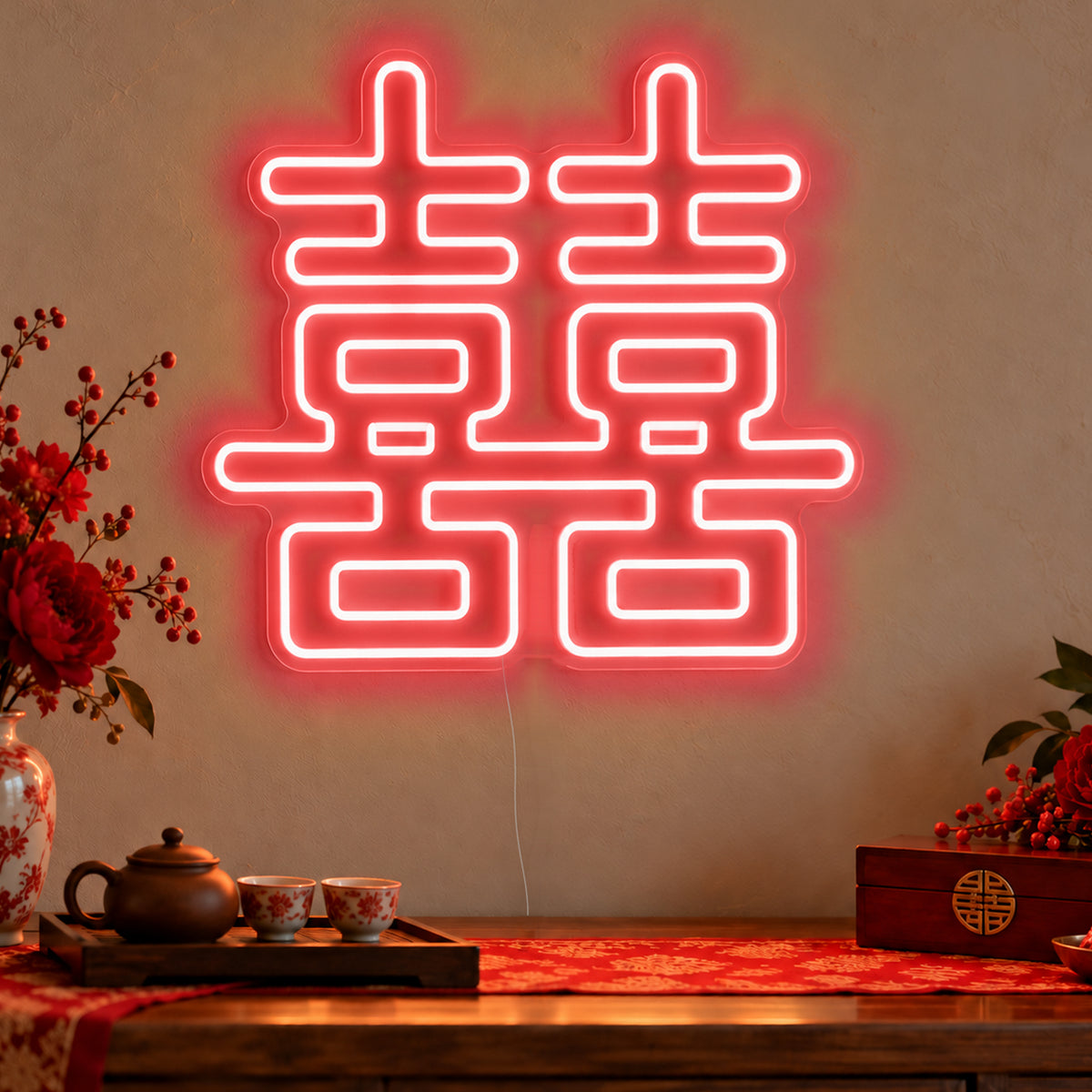 Double Happiness Warm White Neon Sign in red LED neon on clear acrylic, angled view