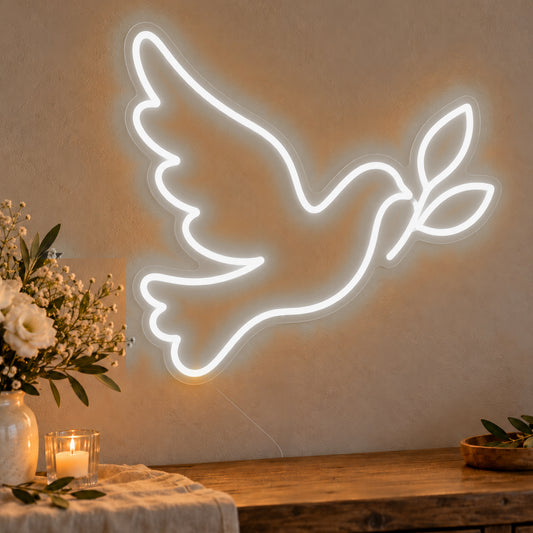 Dove Neon Sign in white LED neon on clear acrylic, angled view